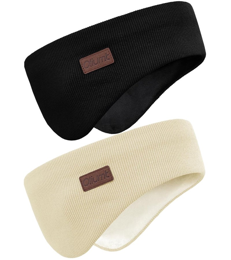 Oliumt Winter Ear Warmer Headband for Men Women Double-Layer Knit Ear Muffs Cover with Fuzzy Lining for Running and Cycling (Black, Beige, One Size) - Image 1